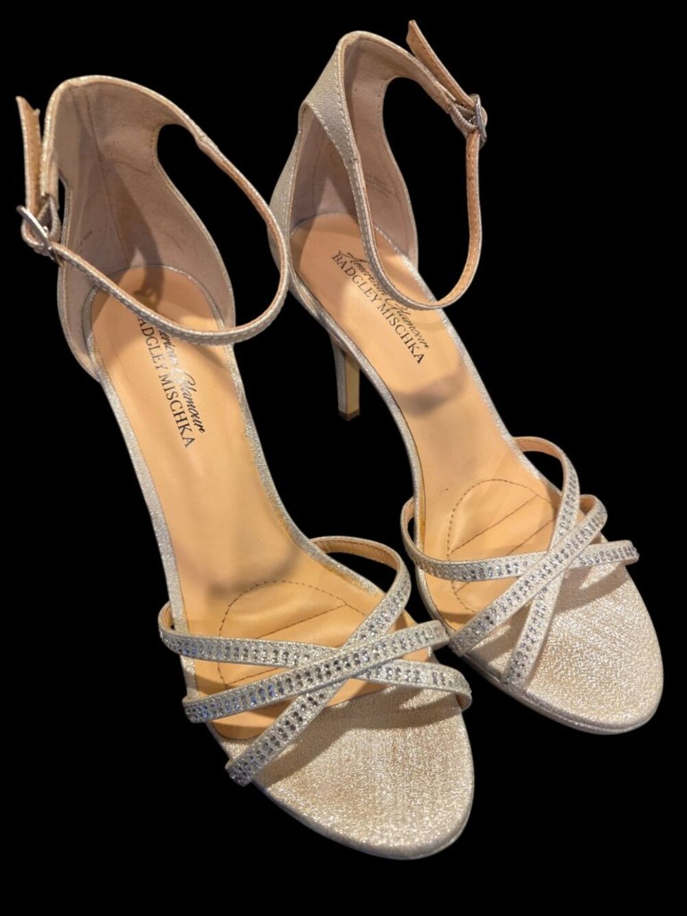 Badgley Mischka Silver Glitter Strappy Heels Old Hollywood Glamour Bridal Prom